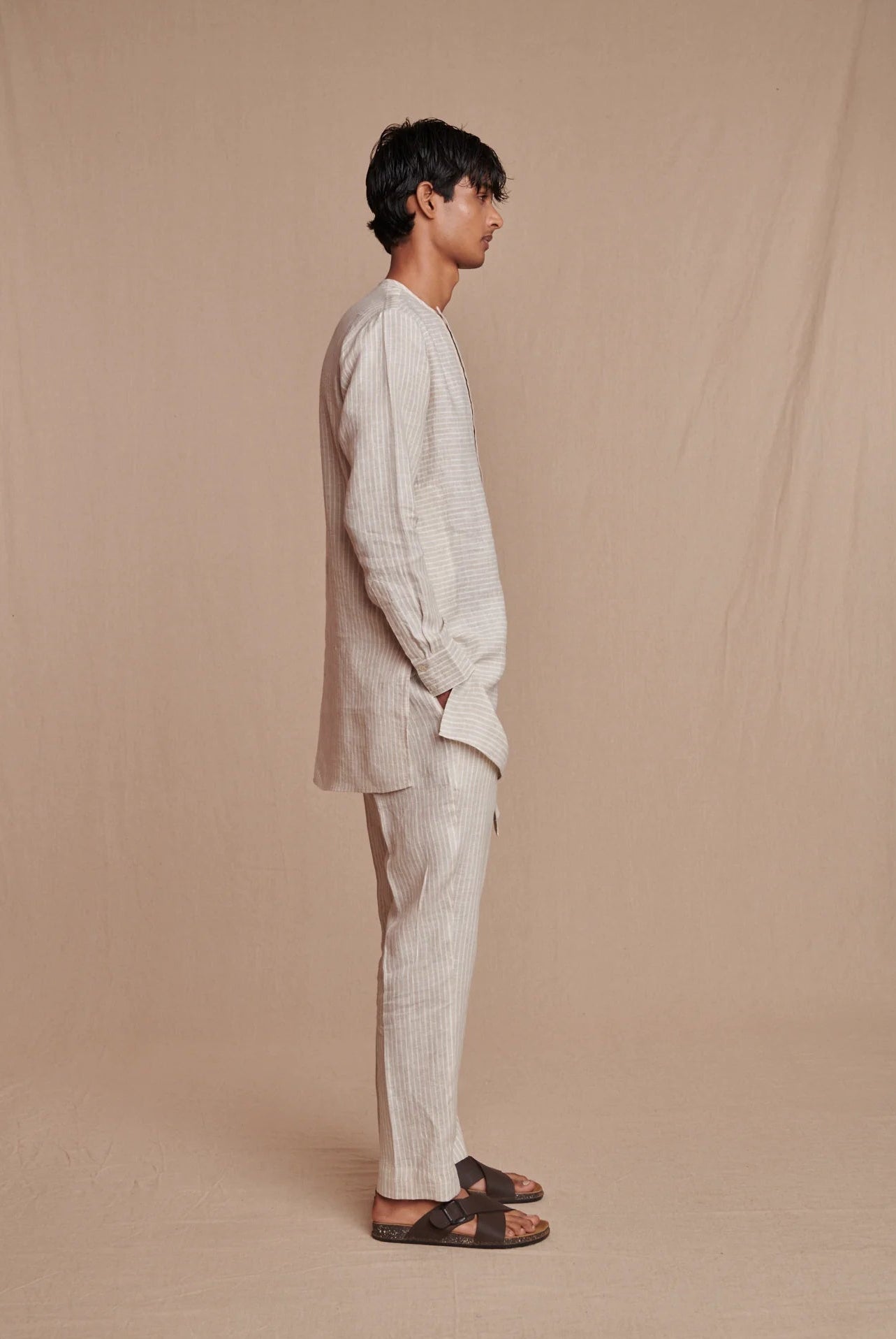 Undyed Pinstripe Linen Side Open Kurta Set - CiceroniKurta Set, Everyday WearSaphed