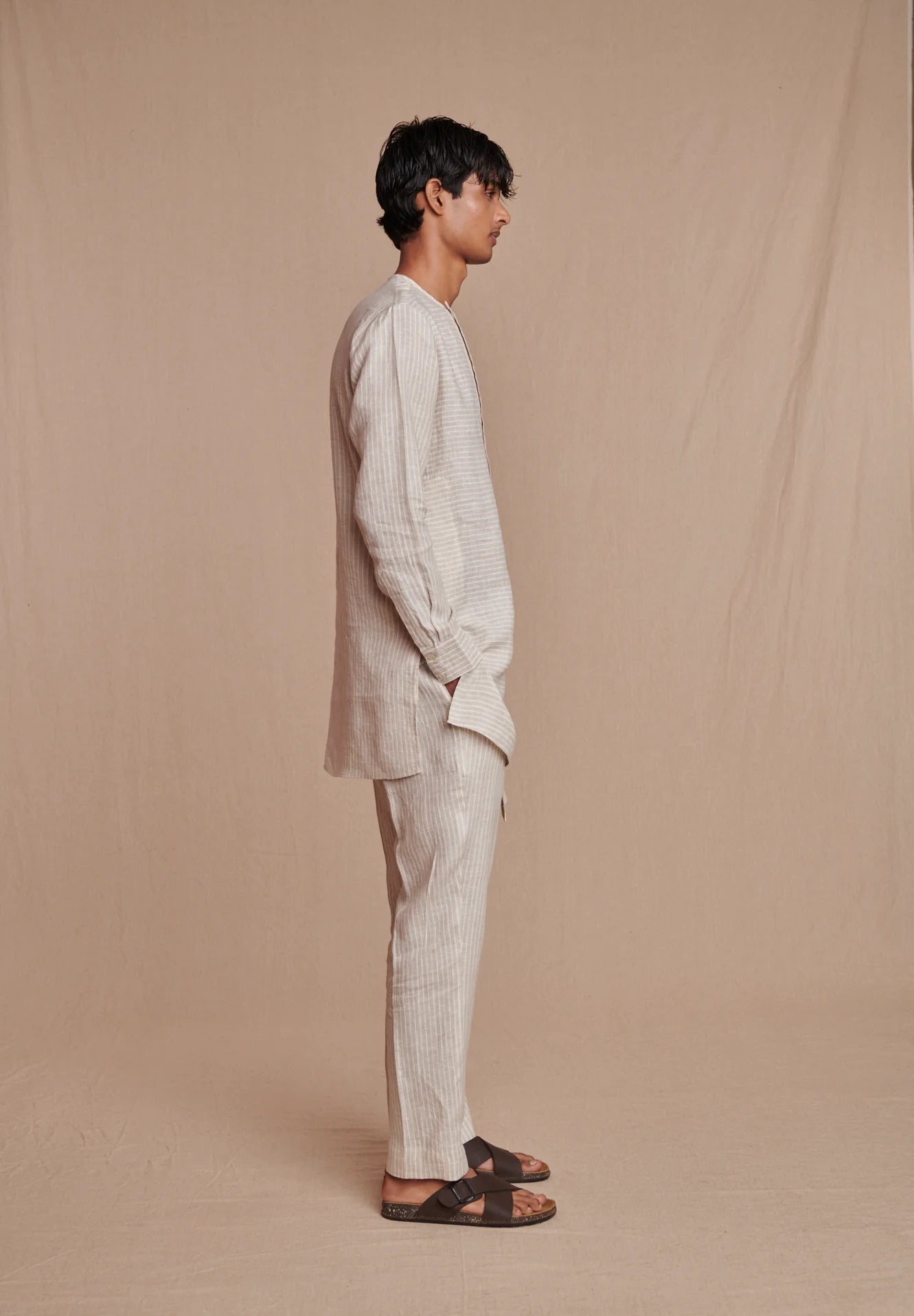 Undyed Pinstripe Linen Side Open Kurta Set - CiceroniKurta Set, Everyday WearSaphed