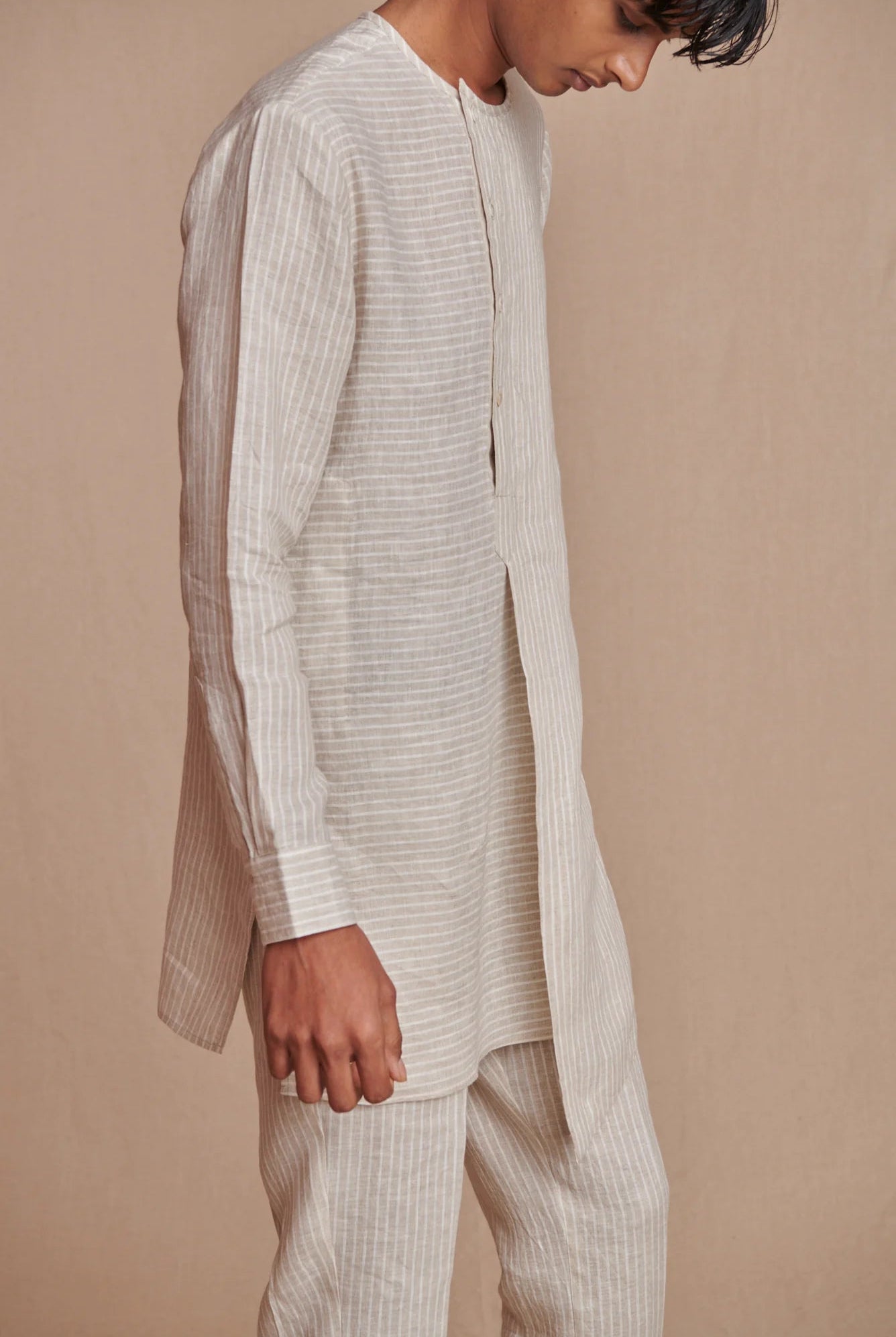 Undyed Pinstripe Linen Side Open Kurta Set - CiceroniKurta Set, Everyday WearSaphed