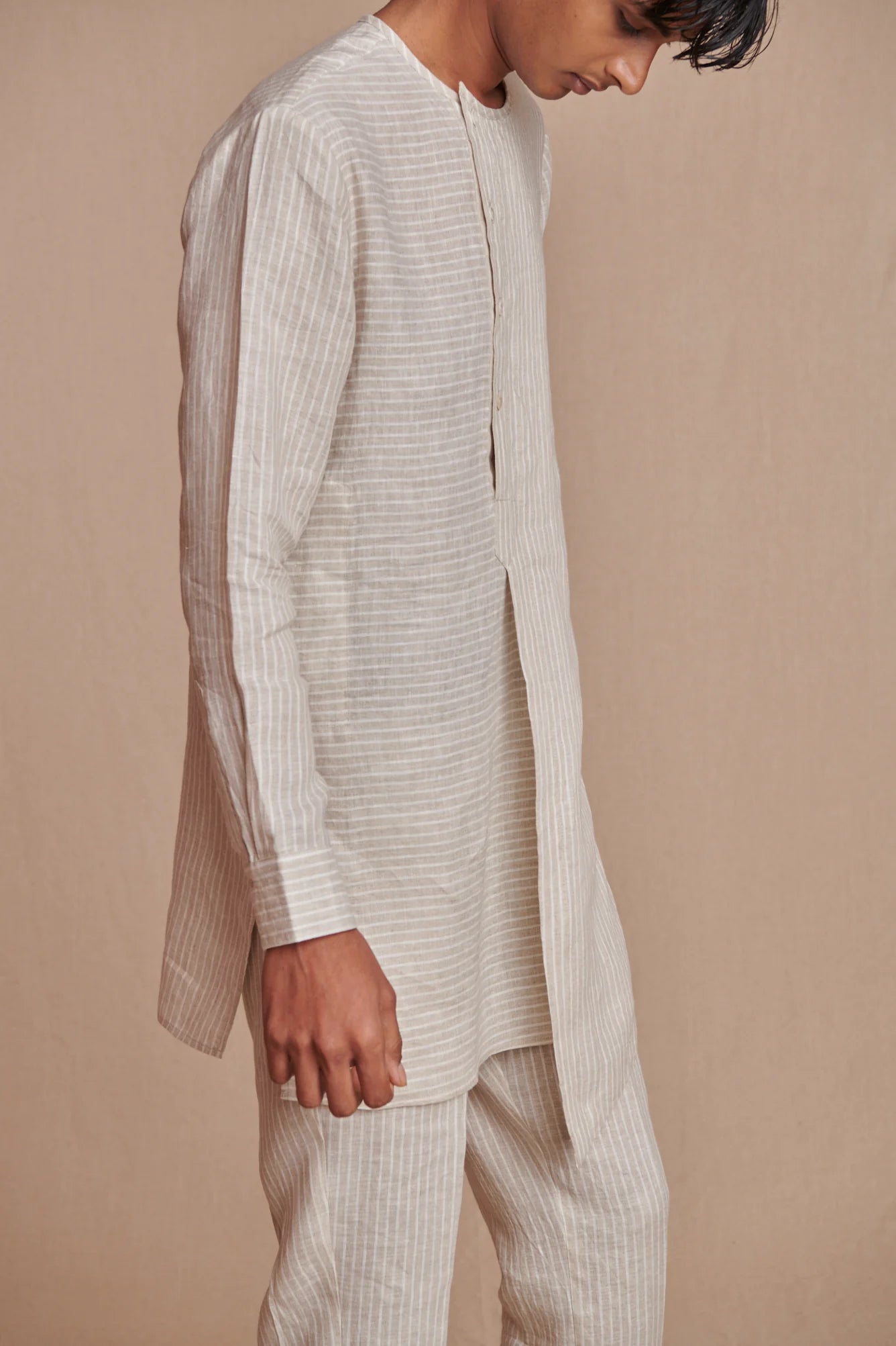 Undyed Pinstripe Linen Side Open Kurta Set - CiceroniKurta Set, Everyday WearSaphed
