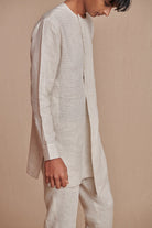 Undyed Pinstripe Linen Side Open Kurta Set - CiceroniKurta Set, Everyday WearSaphed