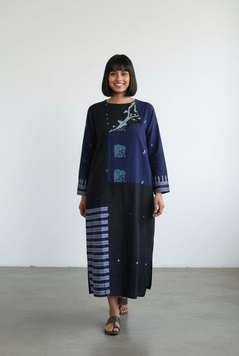 Unisex Patch Long Shirt – Hibiscus Lotus Midnight Blue Jamdani - CiceroniDressesBhomra