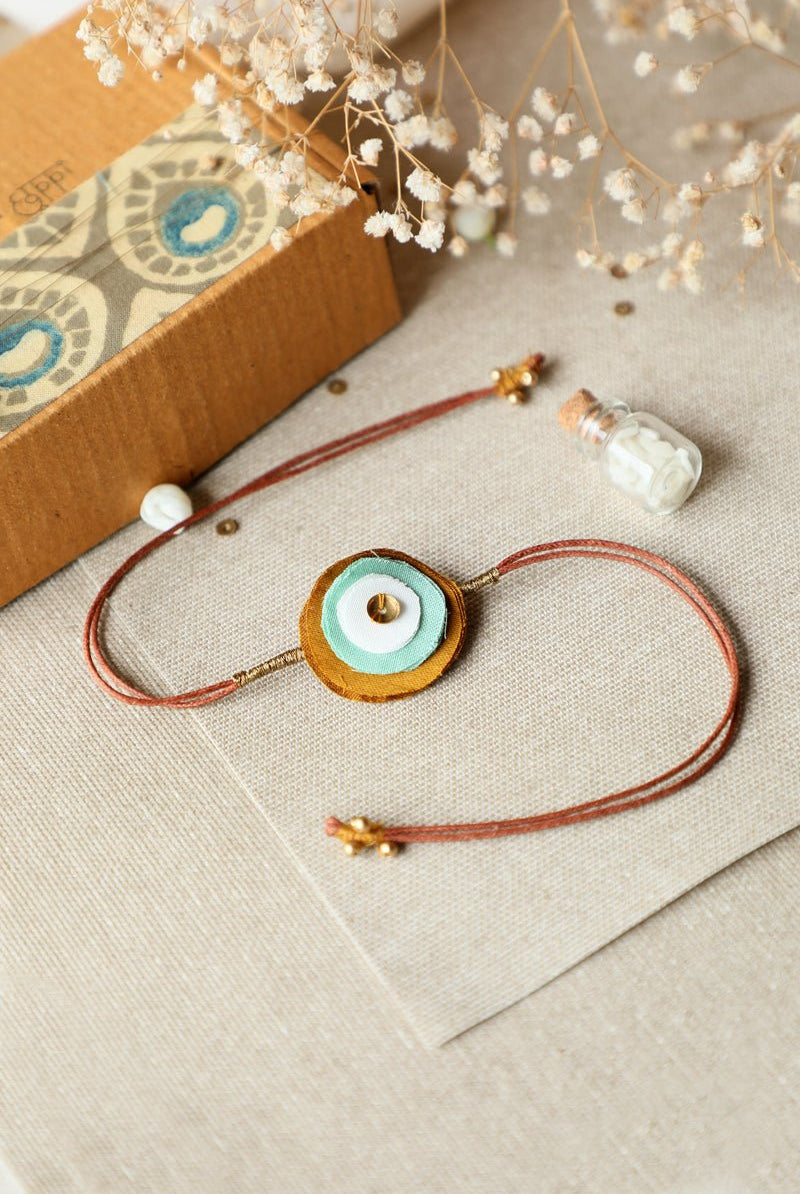 Upcycled Artisanal Circular Rakhi - White, Green & Mustard - CiceroniRakhiLukka Chuppi