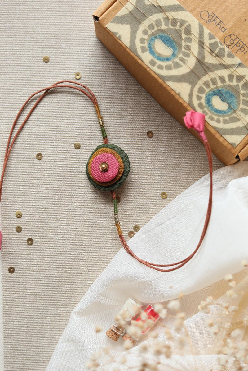 Upcycled Artisanal Rakhi - Mustard, Green and Pink - CiceroniRakhiLukka Chuppi