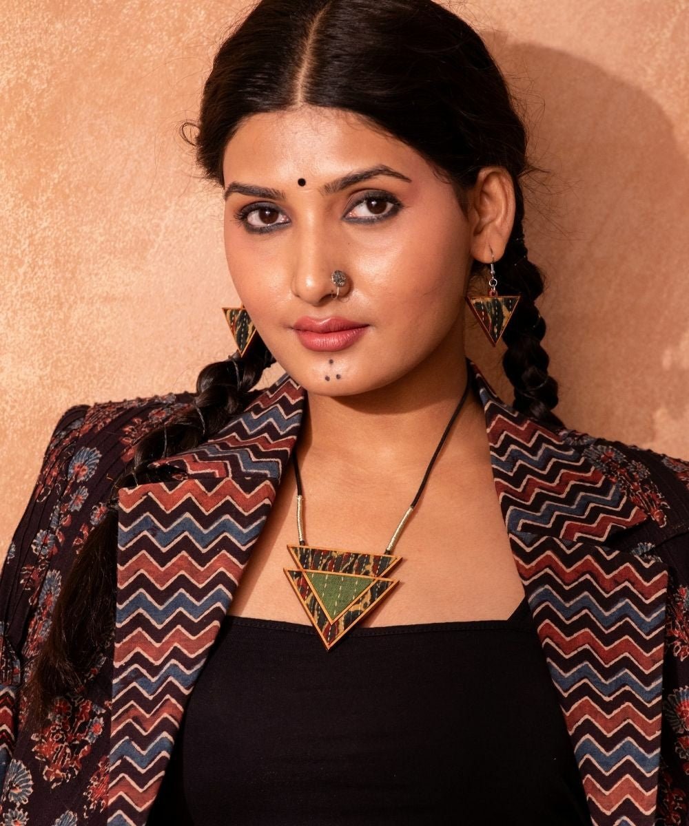 Upcycled Fabric and Repurposed Wood Triangular Necklace - CiceroniNecklaceWhe by Abira