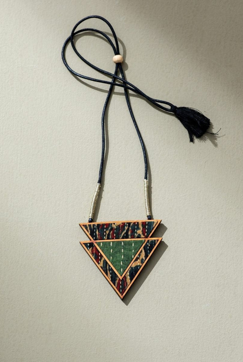 Upcycled Fabric and Repurposed Wood Triangular Necklace - CiceroniNecklaceWhe by Abira