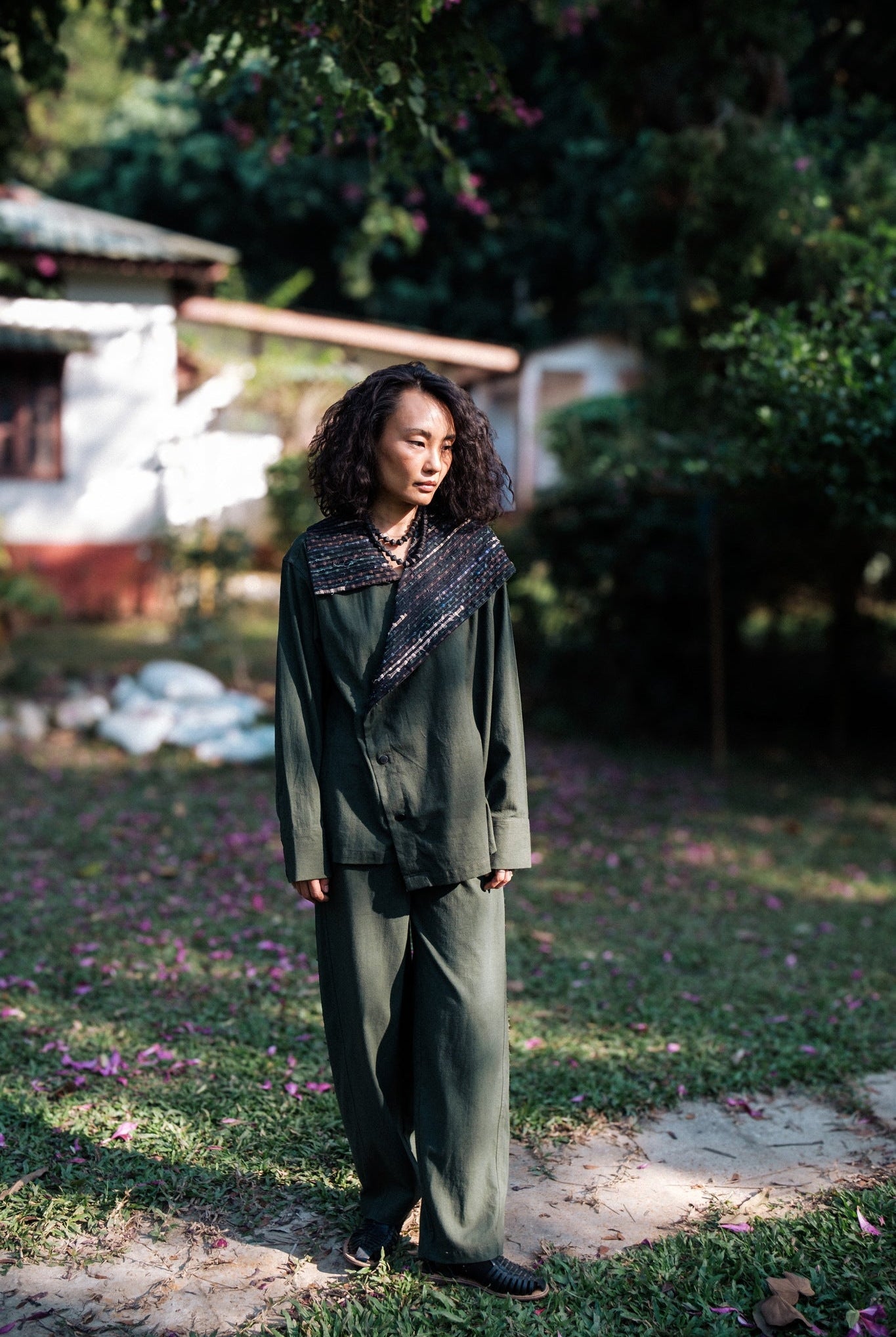 Upcycled Handwoven Arrow Collar Shirt - Green - CiceroniWomen ShirtsThe Terra Tribe