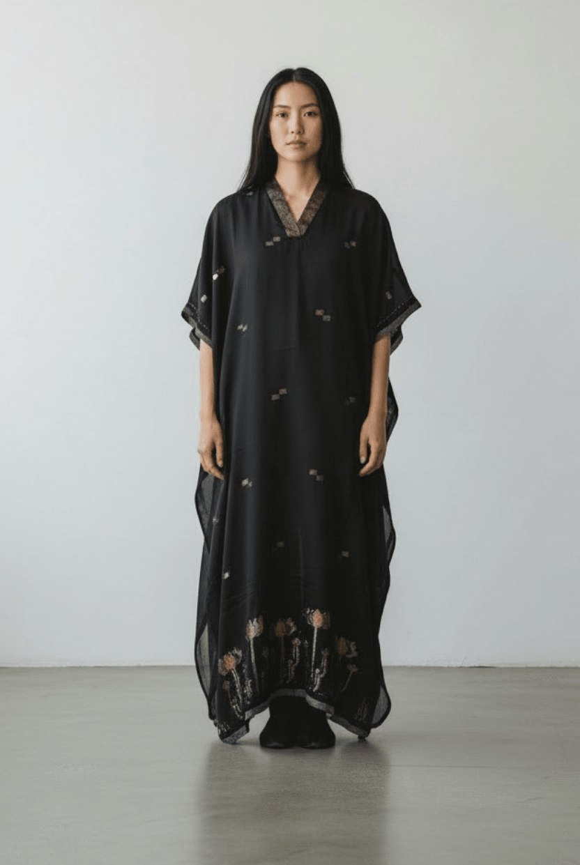 V Neck Kaftan - Black Zari Lotus Jamdani - CiceroniKaftanBhomra