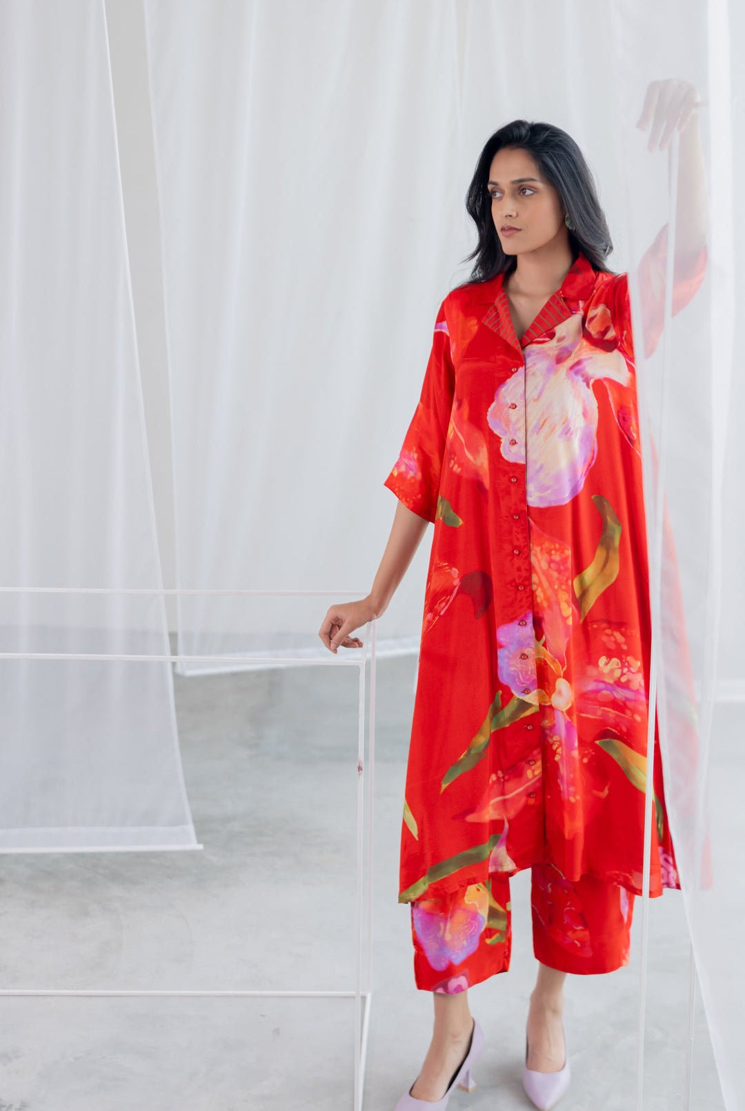 Vermilion Afterlight Orchids Tunic Co - ord Set - CiceroniKurta Set, Everyday WearSilai Studio