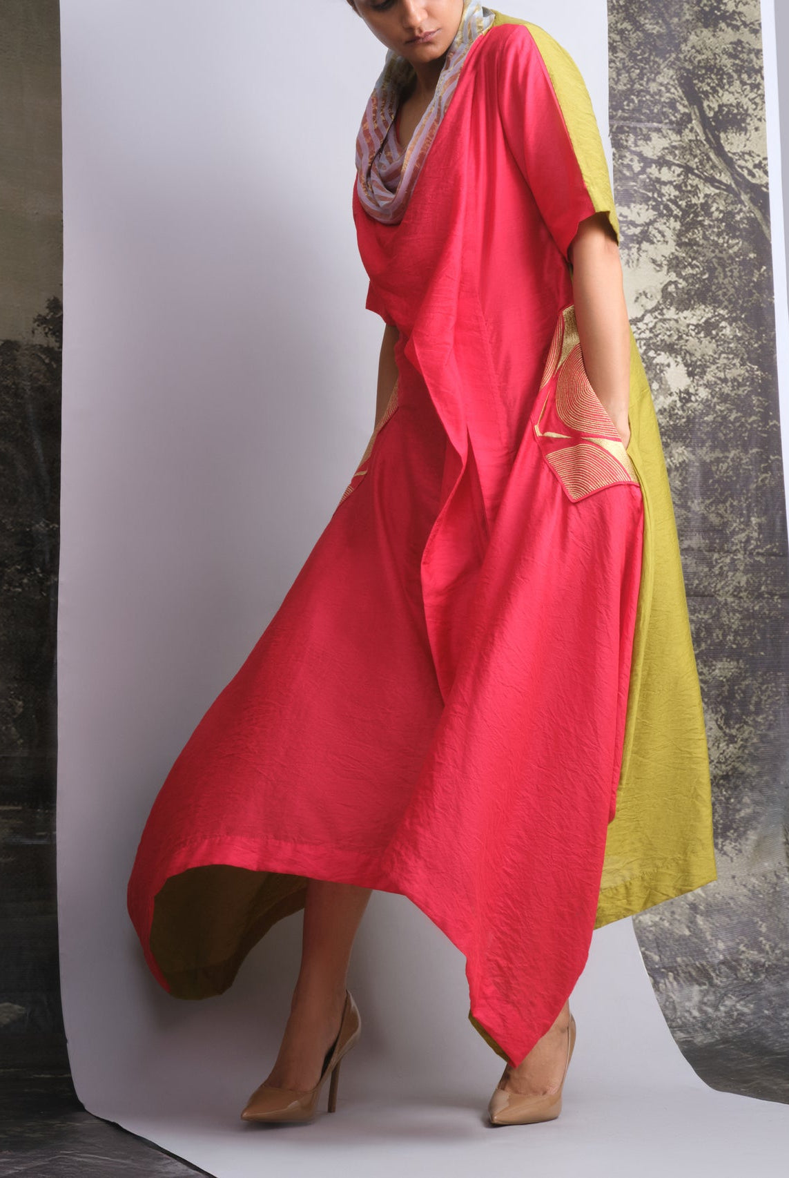 Vermilion & Chartreuse Chanderi Cowl Top - CiceroniDressesOtouto