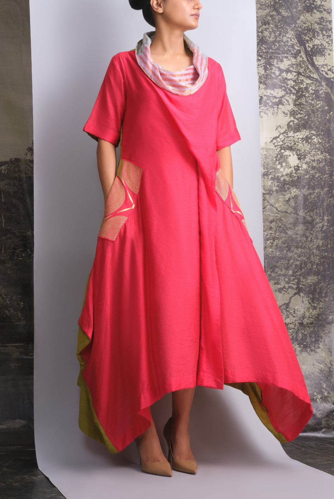 Vermilion & Chartreuse Chanderi Cowl Top - CiceroniDressesOtouto