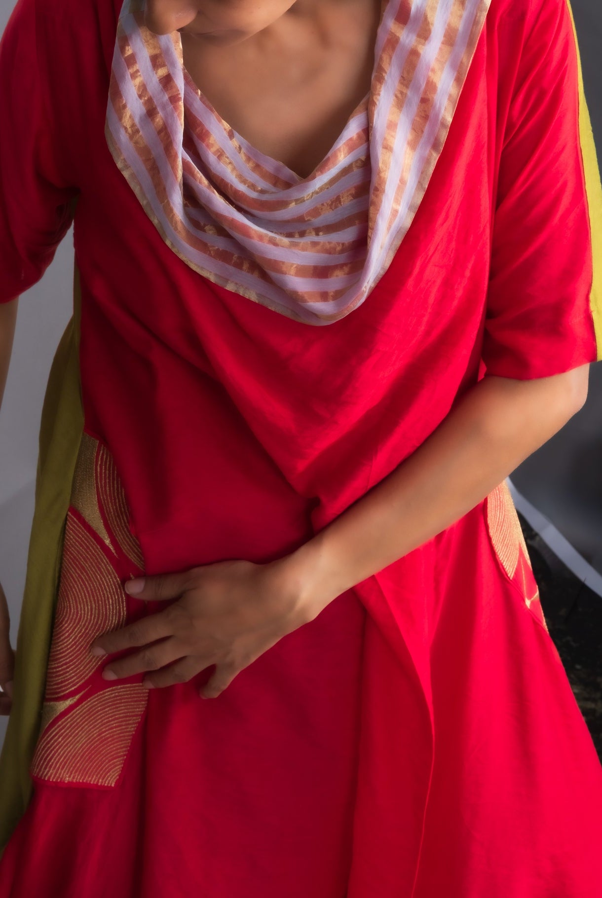 Vermilion & Chartreuse Chanderi Cowl Top - CiceroniDressesOtouto