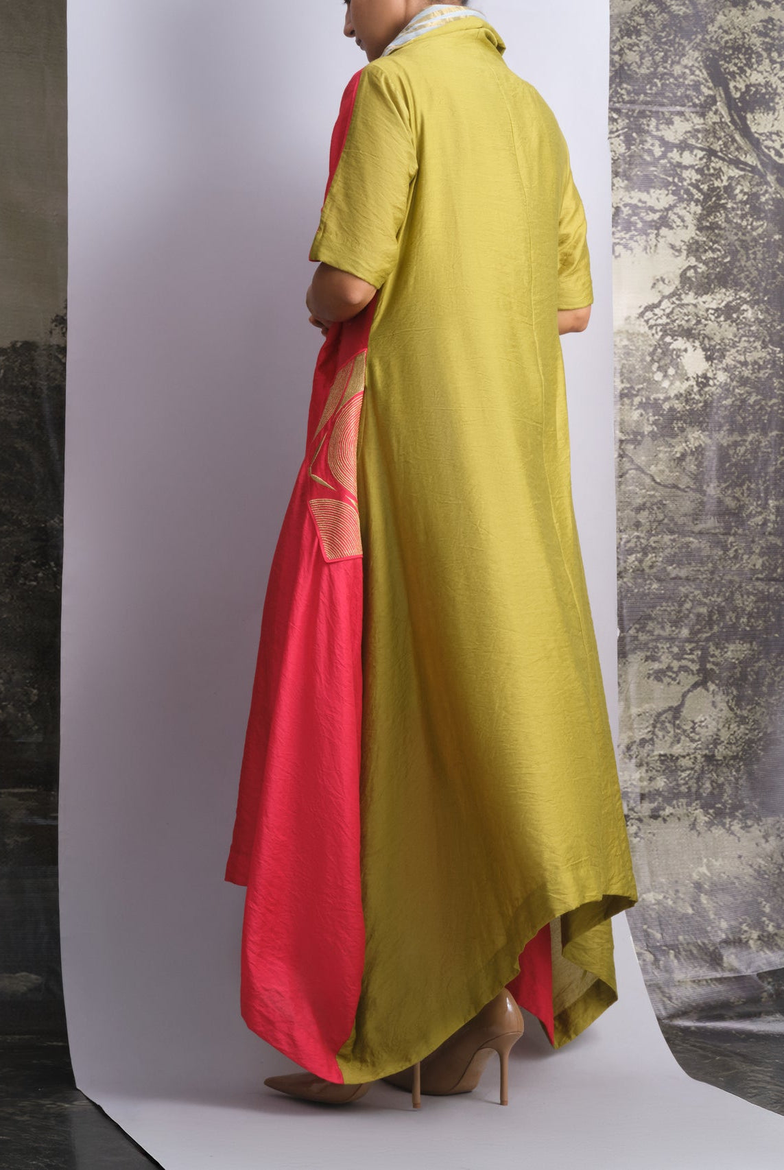 Vermilion & Chartreuse Chanderi Cowl Top - CiceroniDressesOtouto