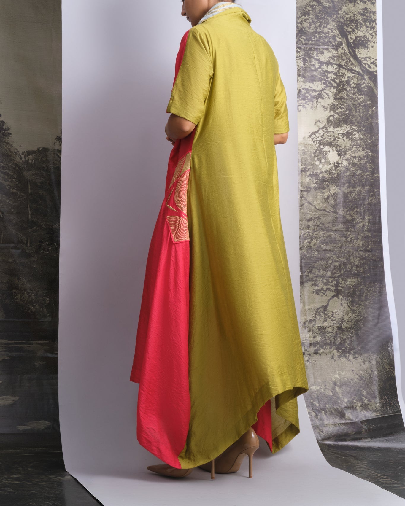 Vermilion & Chartreuse Chanderi Cowl Top - CiceroniDressesOtouto