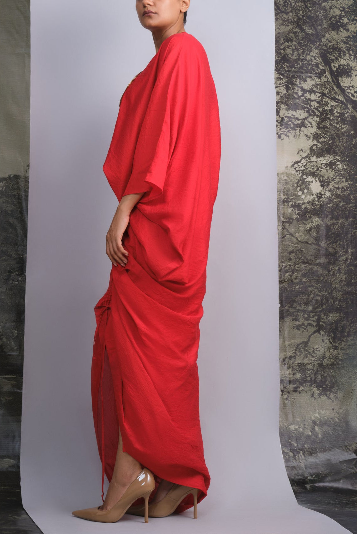 Vermilion Red Chanderi Drape Co - ord Set - CiceroniSkirt SetOtouto