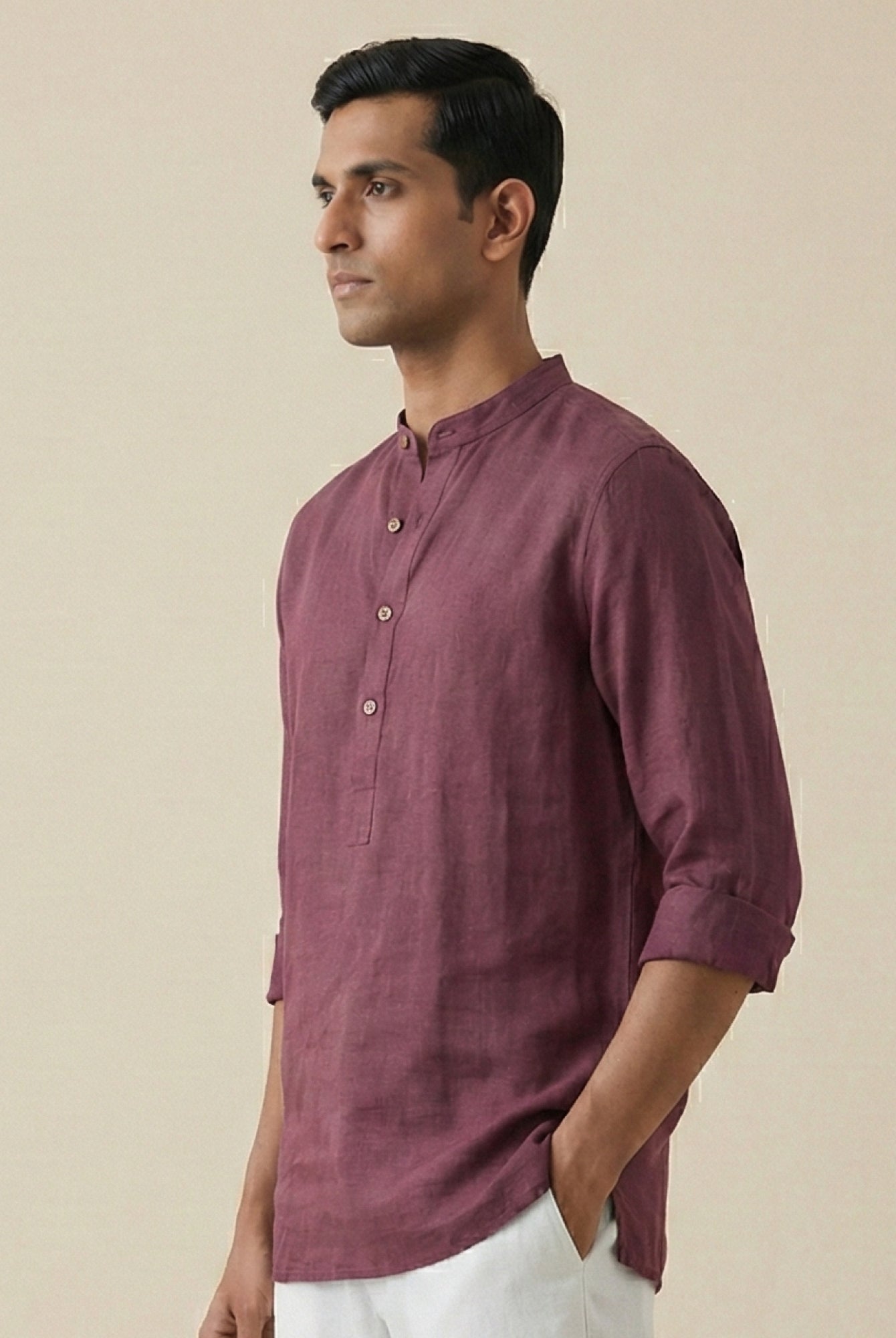 Vintage Plum 100% Pure Linen Classic Short Kurta - CiceroniKurta, Everyday Wearbhrāta