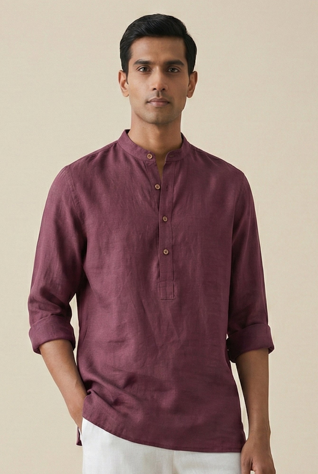 Vintage Plum 100% Pure Linen Classic Short Kurta - CiceroniKurta, Everyday Wearbhrāta