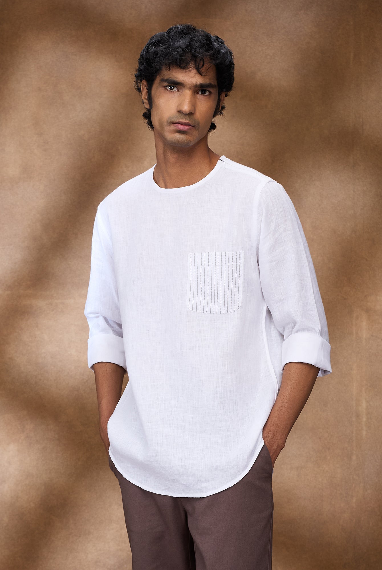 White 100% Linen Zippered Kurta - CiceroniMen Shirtsbhrāta