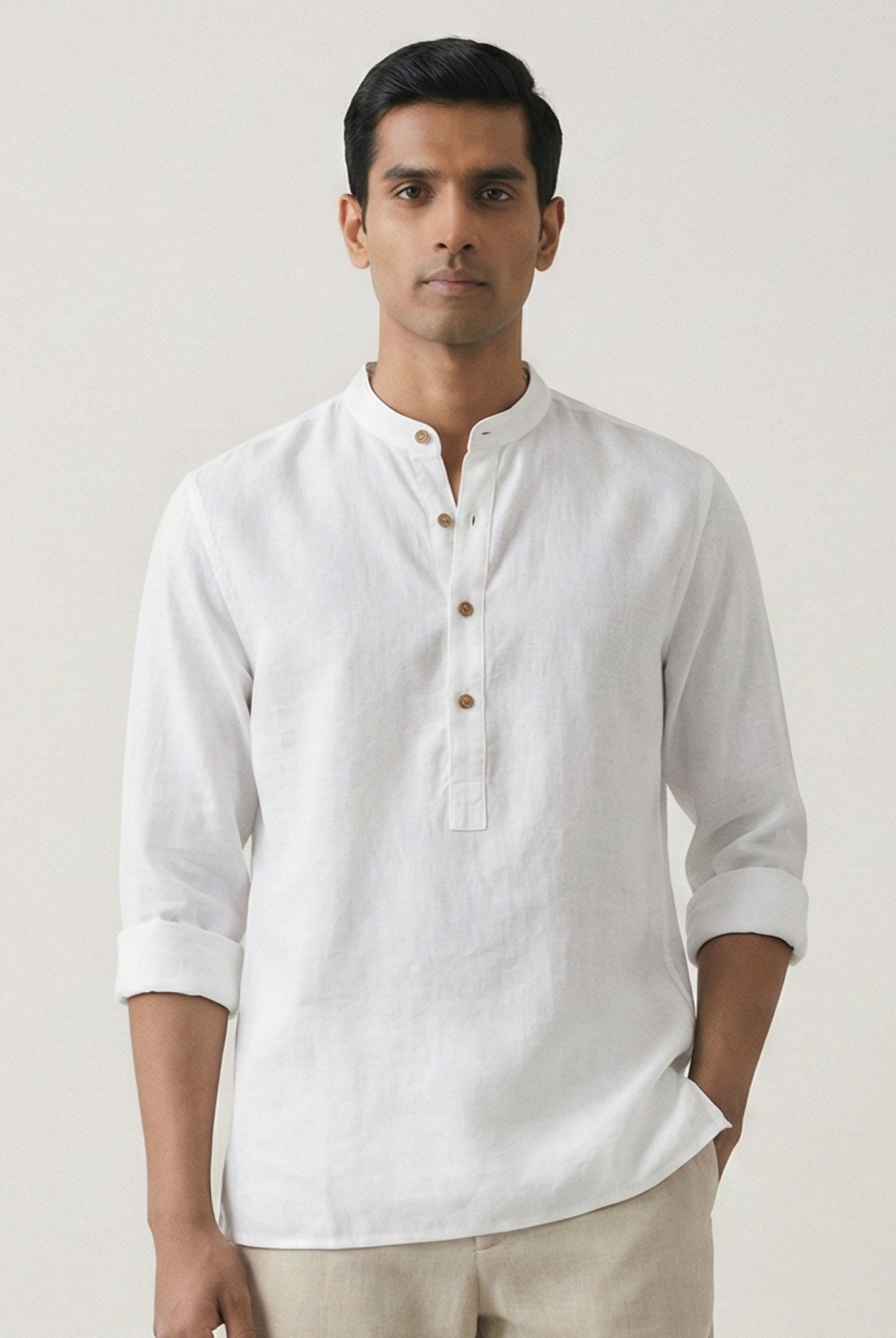 White 100% Pure Linen Classic Short Kurta - CiceroniKurta, Everyday Wearbhrāta
