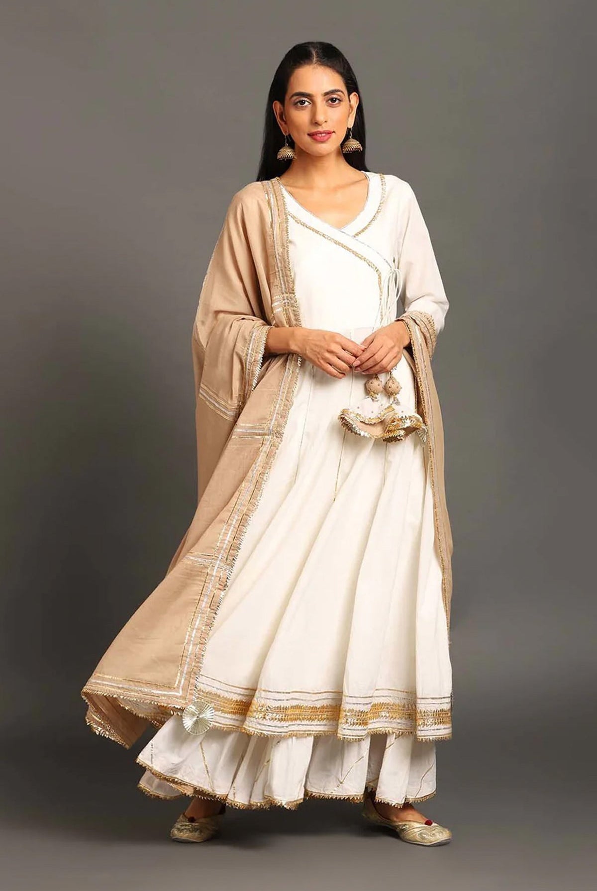 White Mastani Anarkali Set - CiceroniKurta Set, Festive WearOmaana