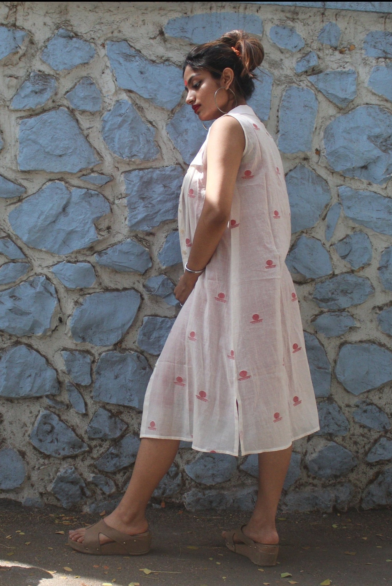White Shirt Dress in Jamdani with Red Slip - CiceroniDressesPrathaa