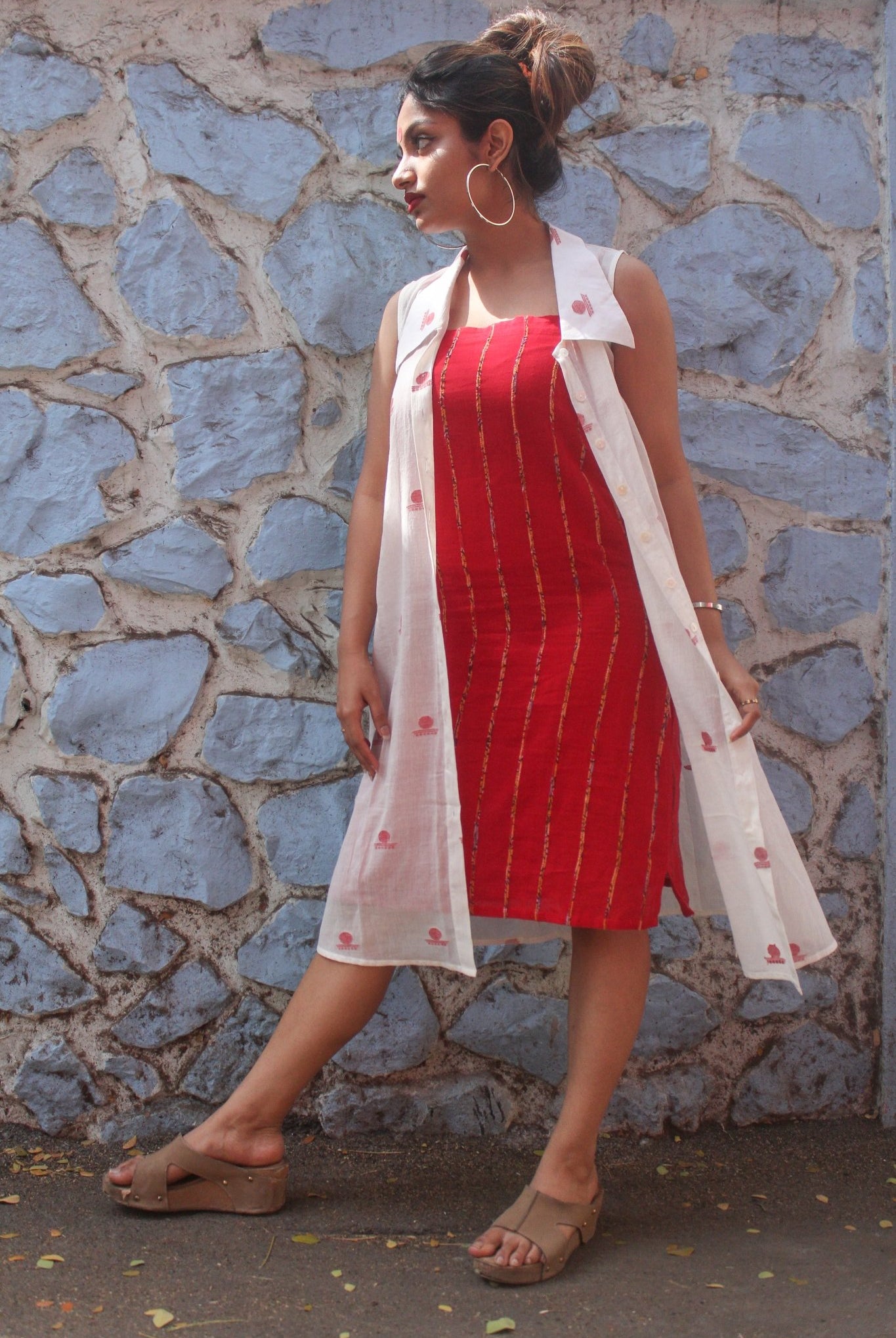 White Shirt Dress in Jamdani with Red Slip - CiceroniDressesPrathaa