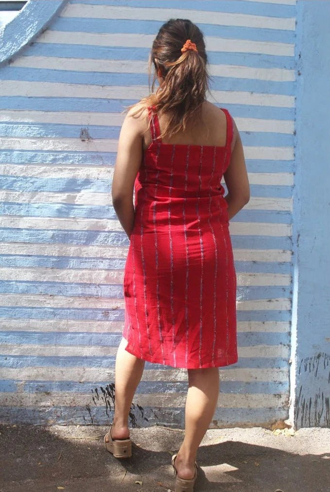 White Shirt Dress in Jamdani with Red Slip - CiceroniDressesPrathaa