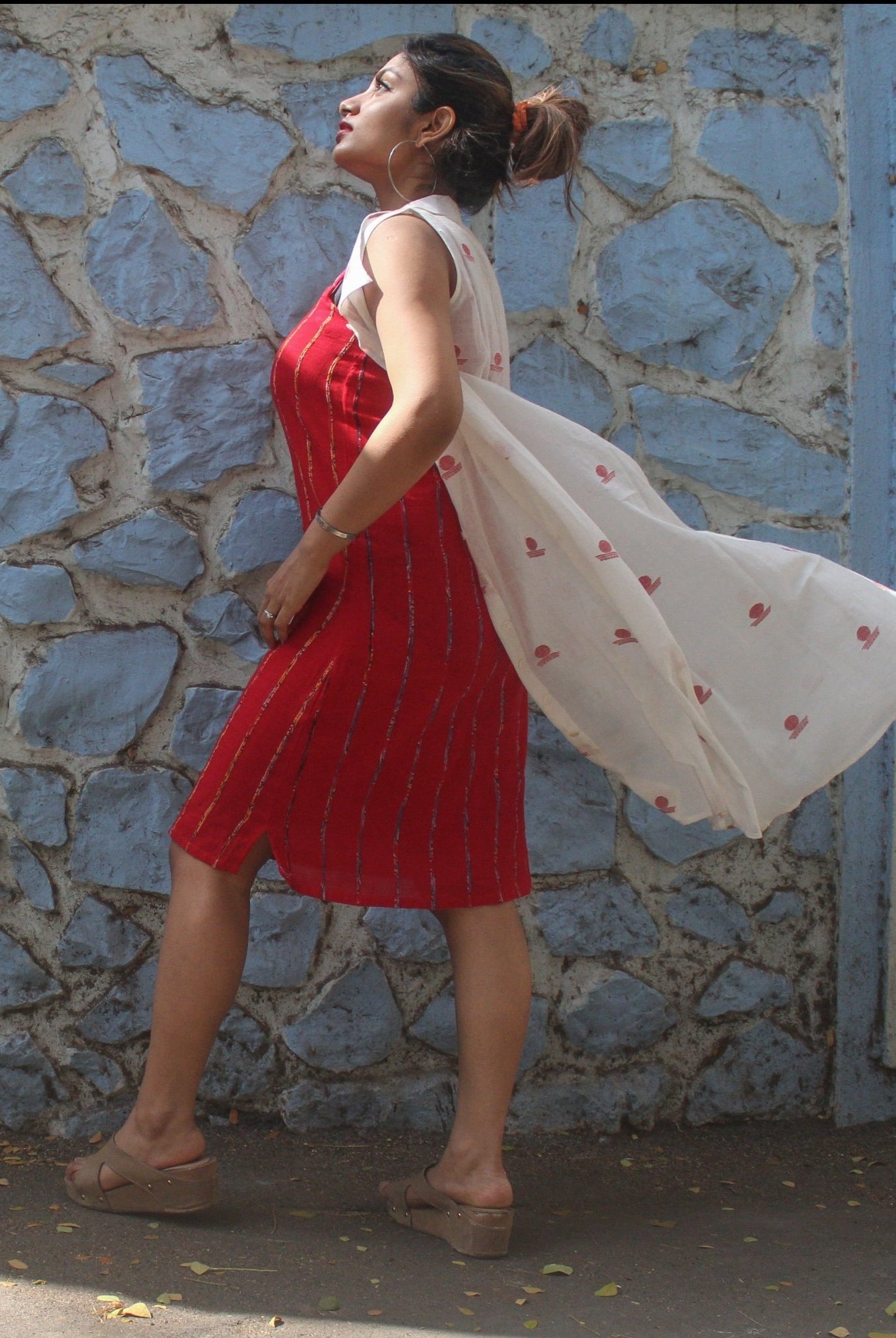 White Shirt Dress in Jamdani with Red Slip - CiceroniDressesPrathaa