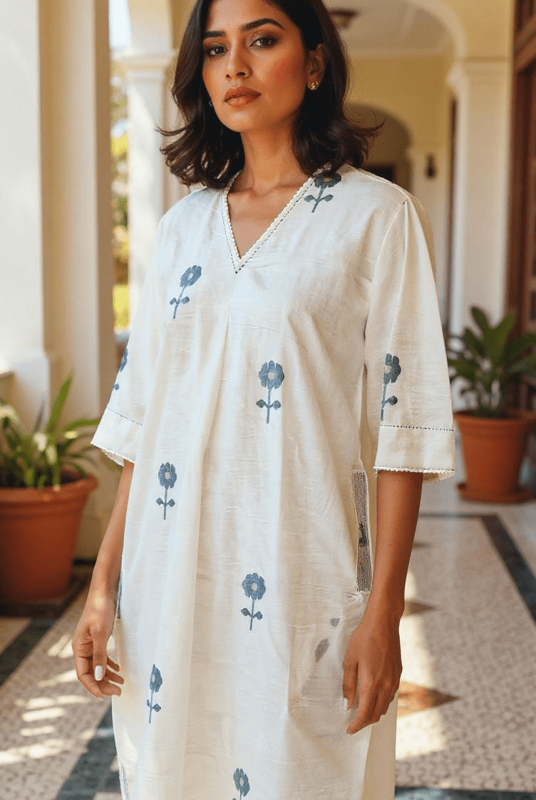 White with Navy Blue Flowers - Anti Fit Kurta - CiceroniDressesBhomra