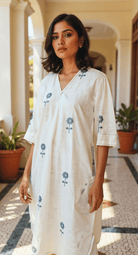 White with Navy Blue Flowers - Anti Fit Kurta - CiceroniDressesBhomra