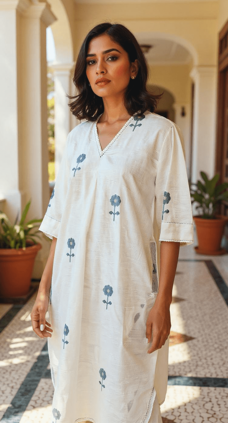 White with Navy Blue Flowers - Anti Fit Kurta - CiceroniDressesBhomra