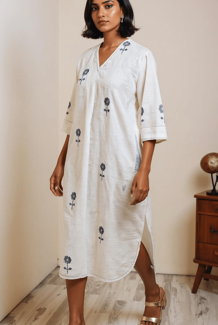 White with Navy Blue Flowers - Anti Fit Kurta - CiceroniDressesBhomra