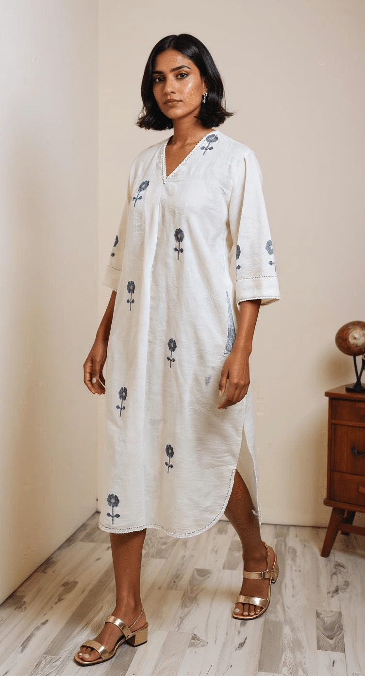 White with Navy Blue Flowers - Anti Fit Kurta - CiceroniDressesBhomra