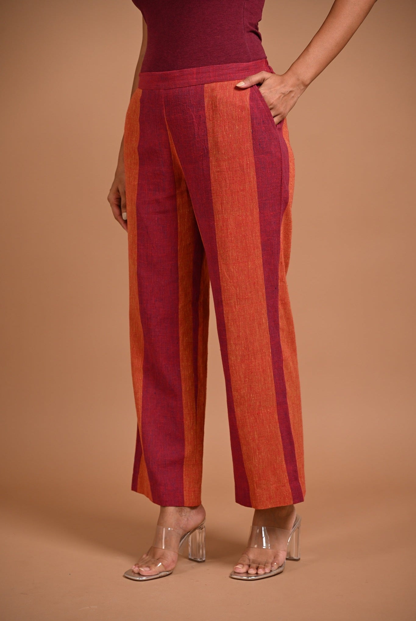 Wide Striped Pants in Red - CiceroniPantsRang by Rajvi