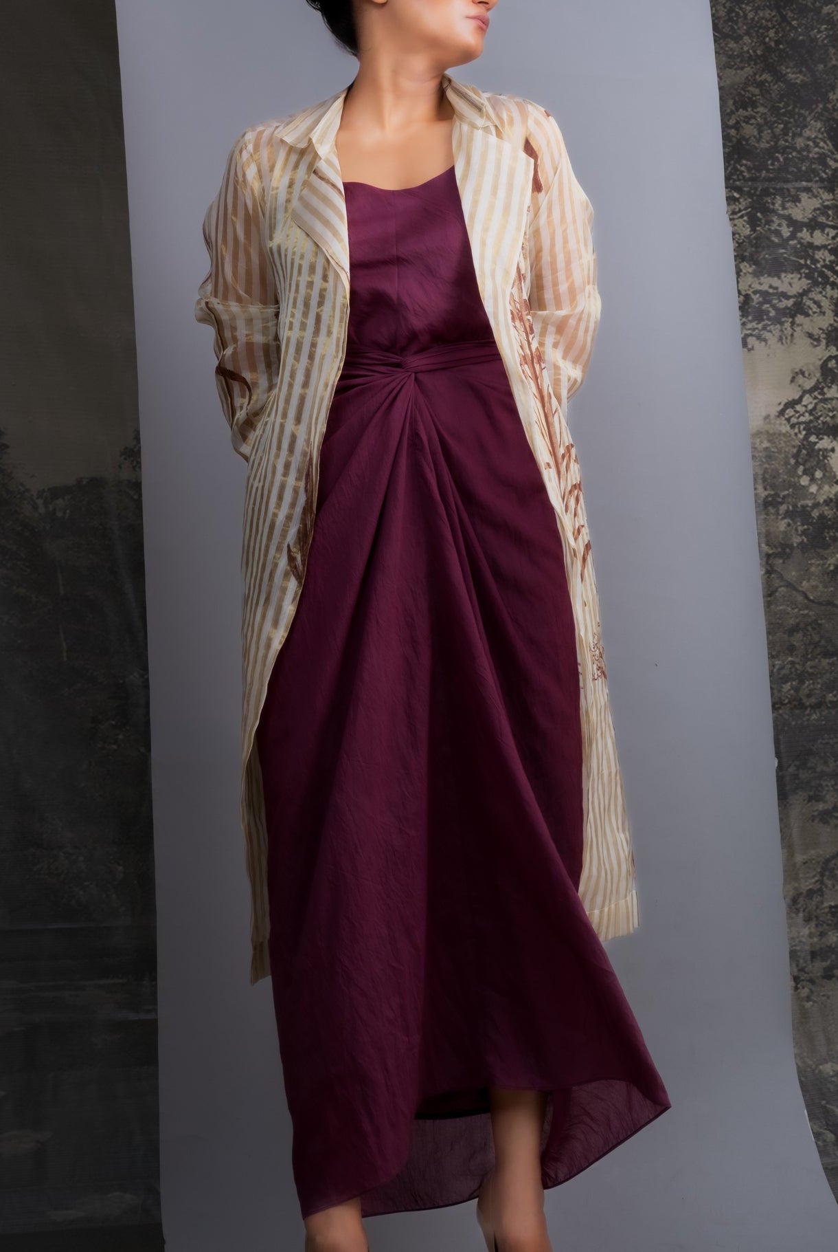 Wine Chanderi Dress & White Gold Botanical Trench Set - CiceroniDressesOtouto