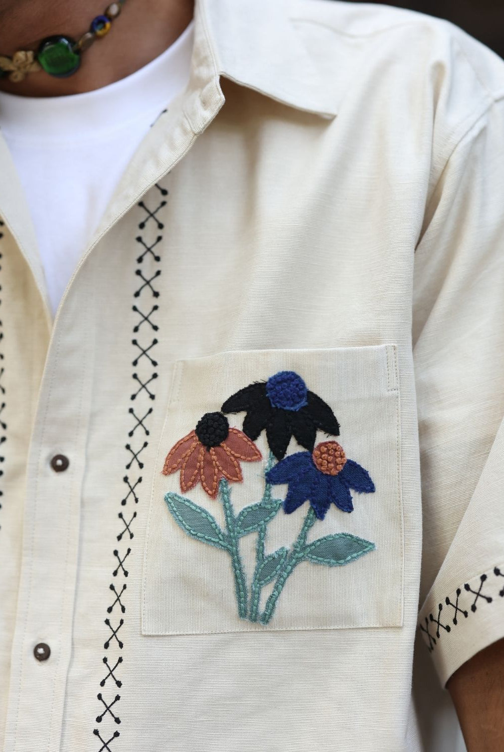 Winglore - Beige Appliqué Hand Embroiderd Pure Linen Wildflower Oversized Shirt - CiceroniUnisex ShirtsWinglore