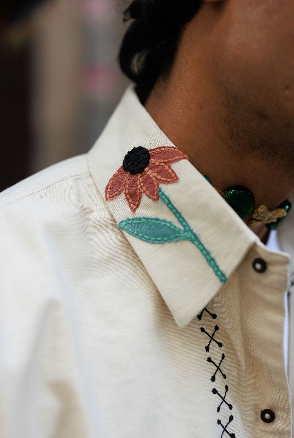 Winglore - Beige Appliqué Hand Embroiderd Pure Linen Wildflower Oversized Shirt - CiceroniUnisex ShirtsWinglore