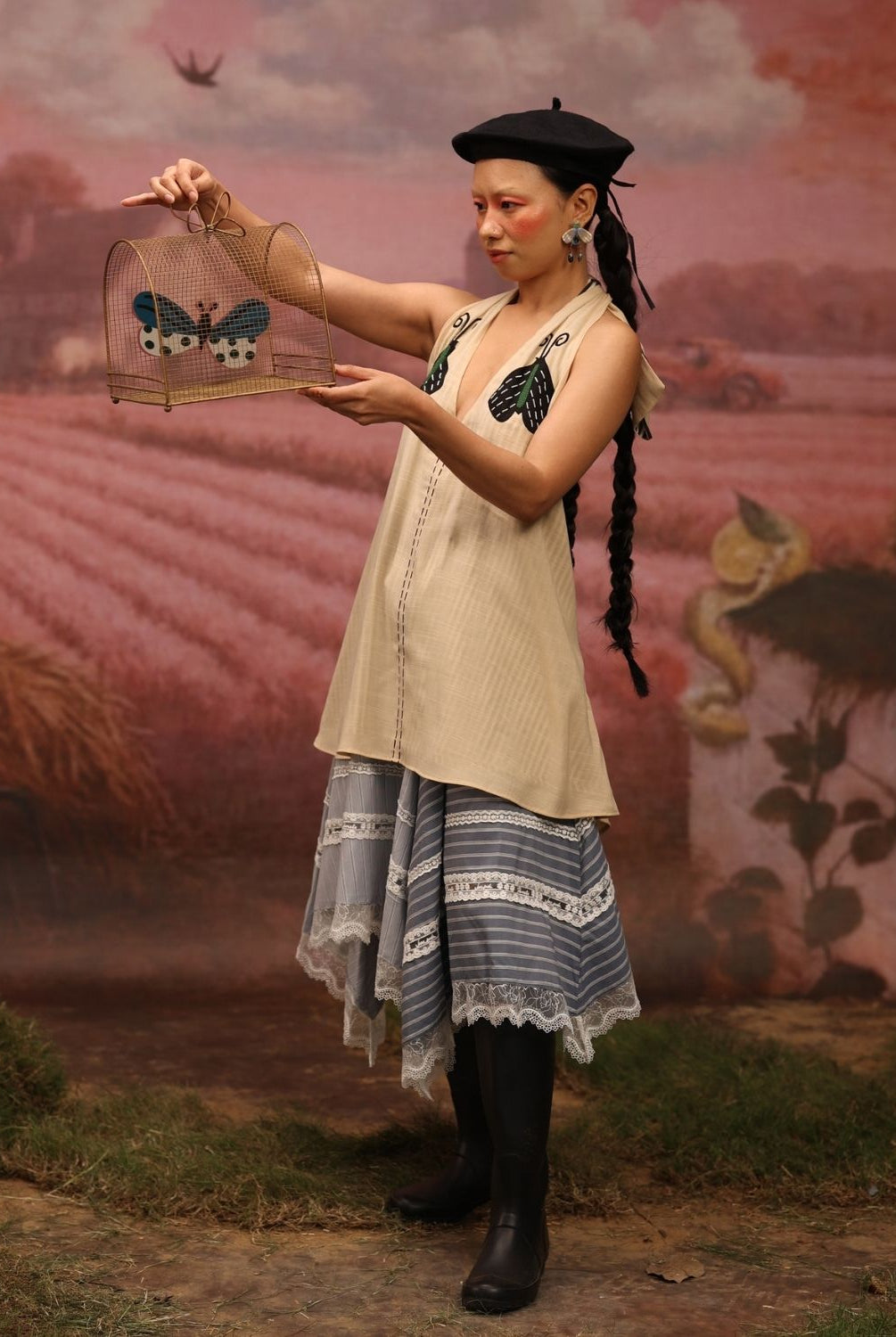 Winglore - Beige Hand Embroiderd Slub Cotton Moths Tunic Halter Top - CiceroniTopsWinglore