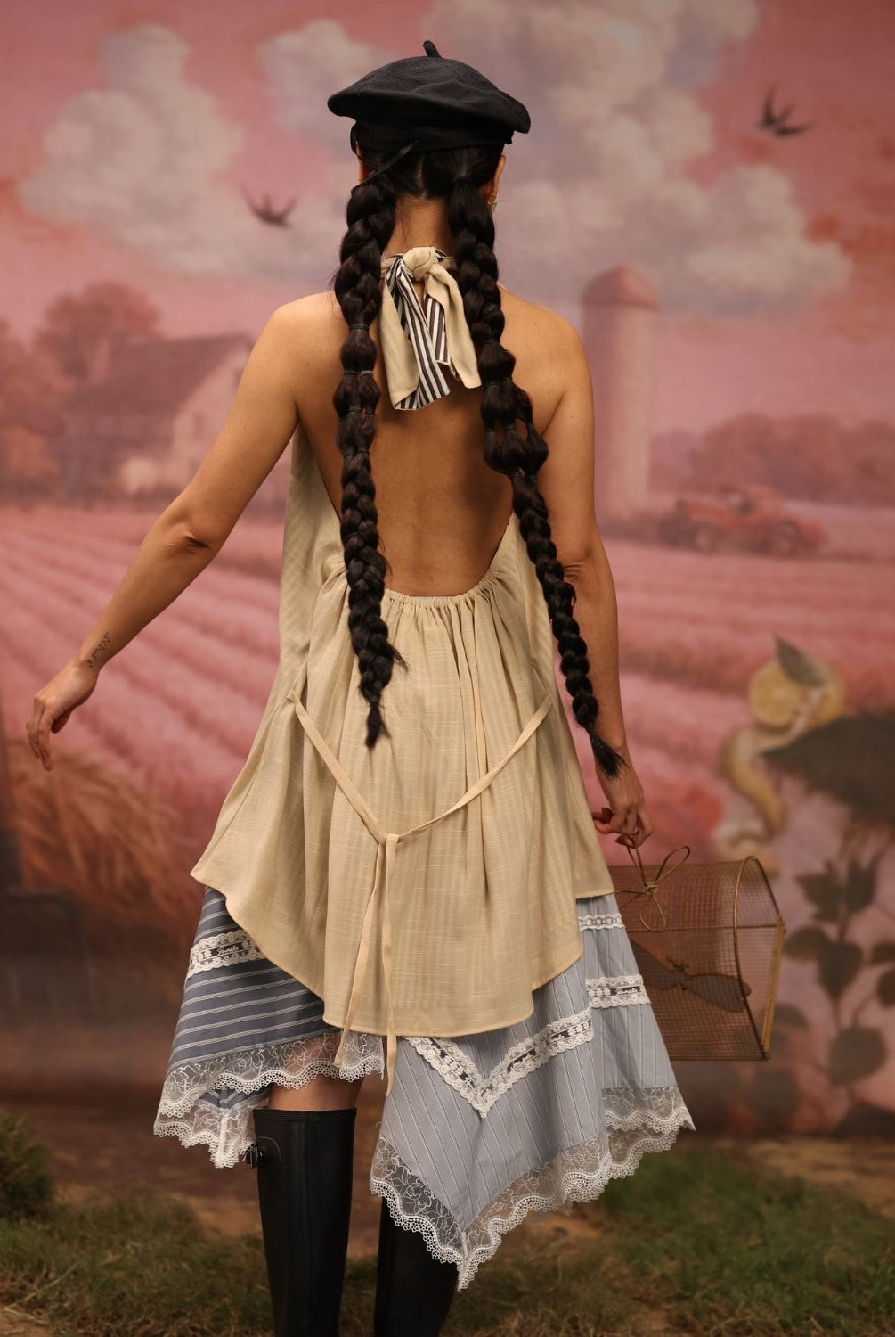 Winglore - Beige Hand Embroiderd Slub Cotton Moths Tunic Halter Top - CiceroniTopsWinglore