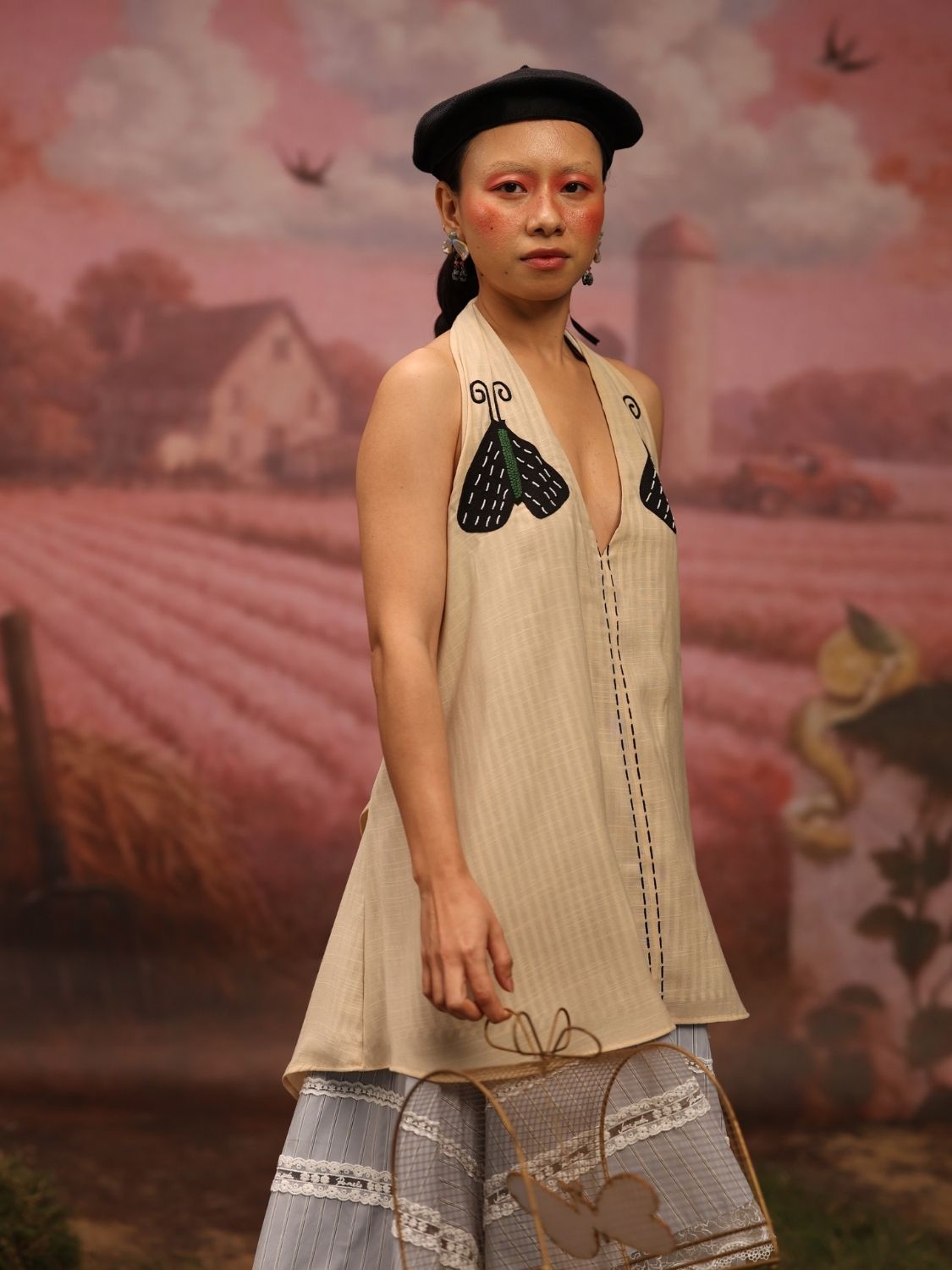 Winglore - Beige Hand Embroiderd Slub Cotton Moths Tunic Halter Top - CiceroniTopsWinglore