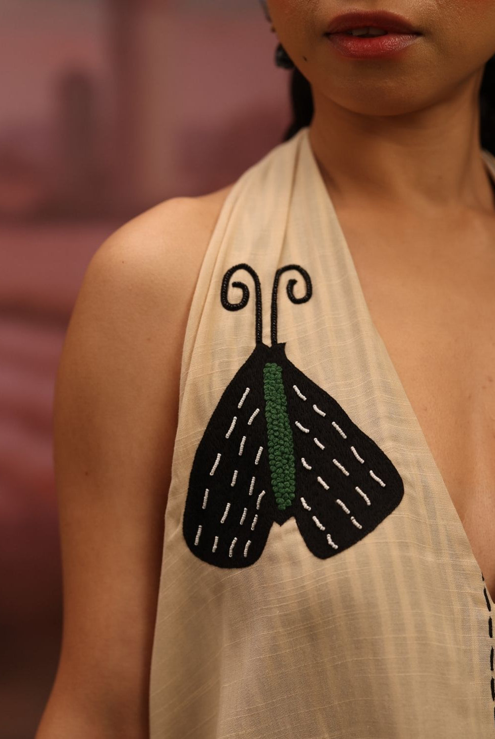 Winglore - Beige Hand Embroiderd Slub Cotton Moths Tunic Halter Top - CiceroniTopsWinglore