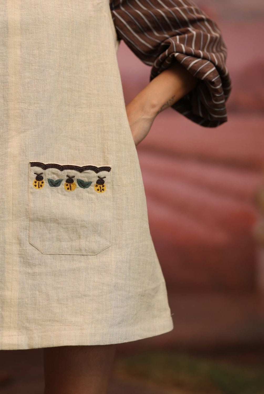 Winglore - Beige Linen Hand Embroidered Standing Tall Short Dress - CiceroniDressesWinglore