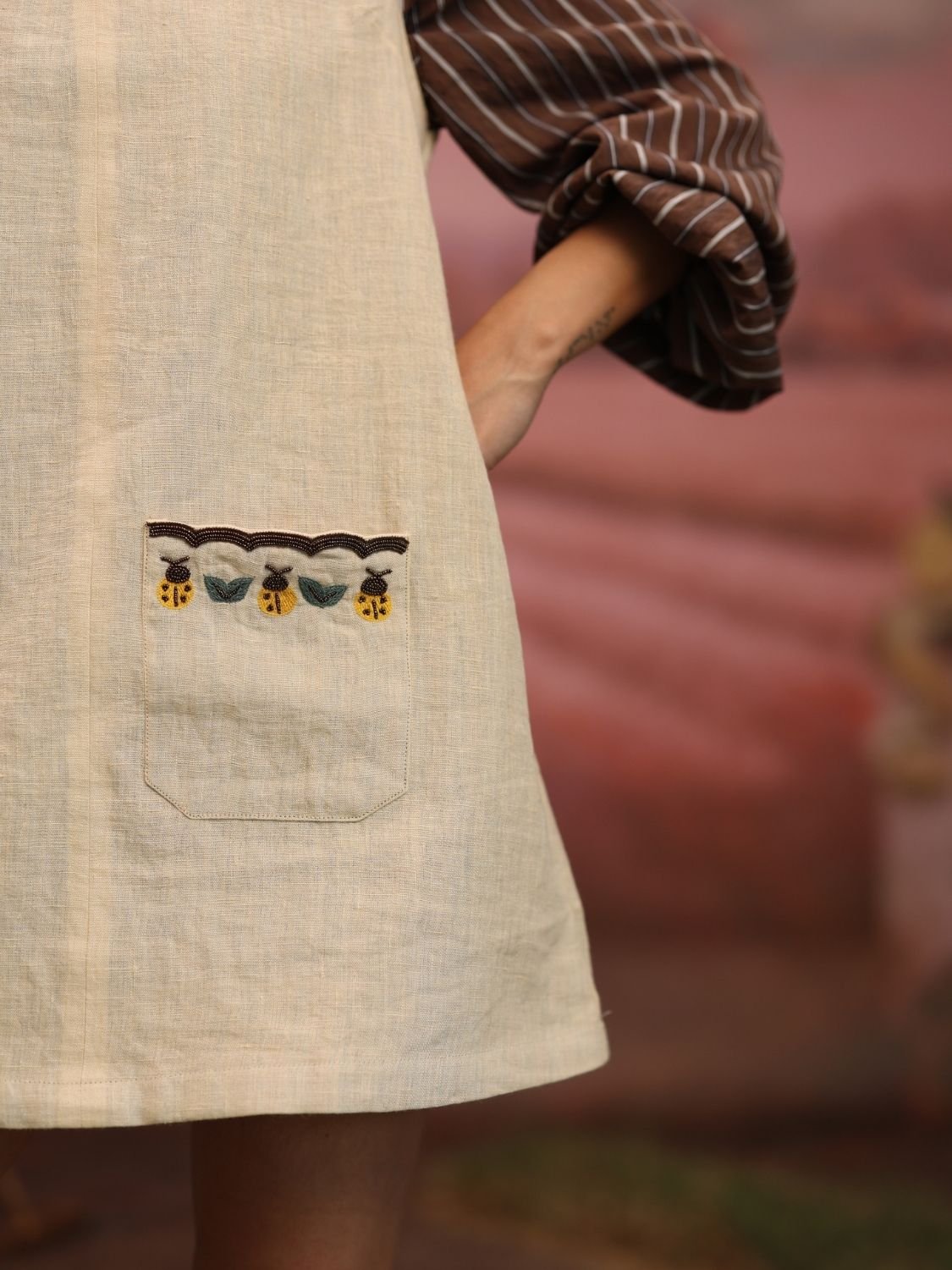 Winglore - Beige Linen Hand Embroidered Standing Tall Short Dress - CiceroniDressesWinglore