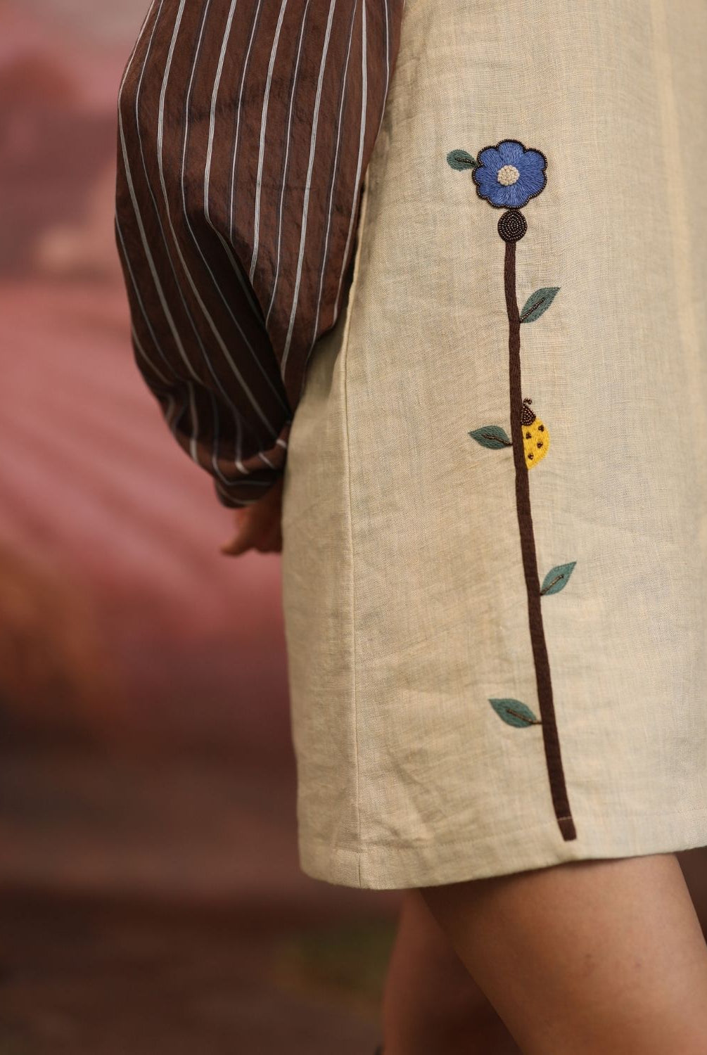 Winglore - Beige Linen Hand Embroidered Standing Tall Short Dress - CiceroniDressesWinglore
