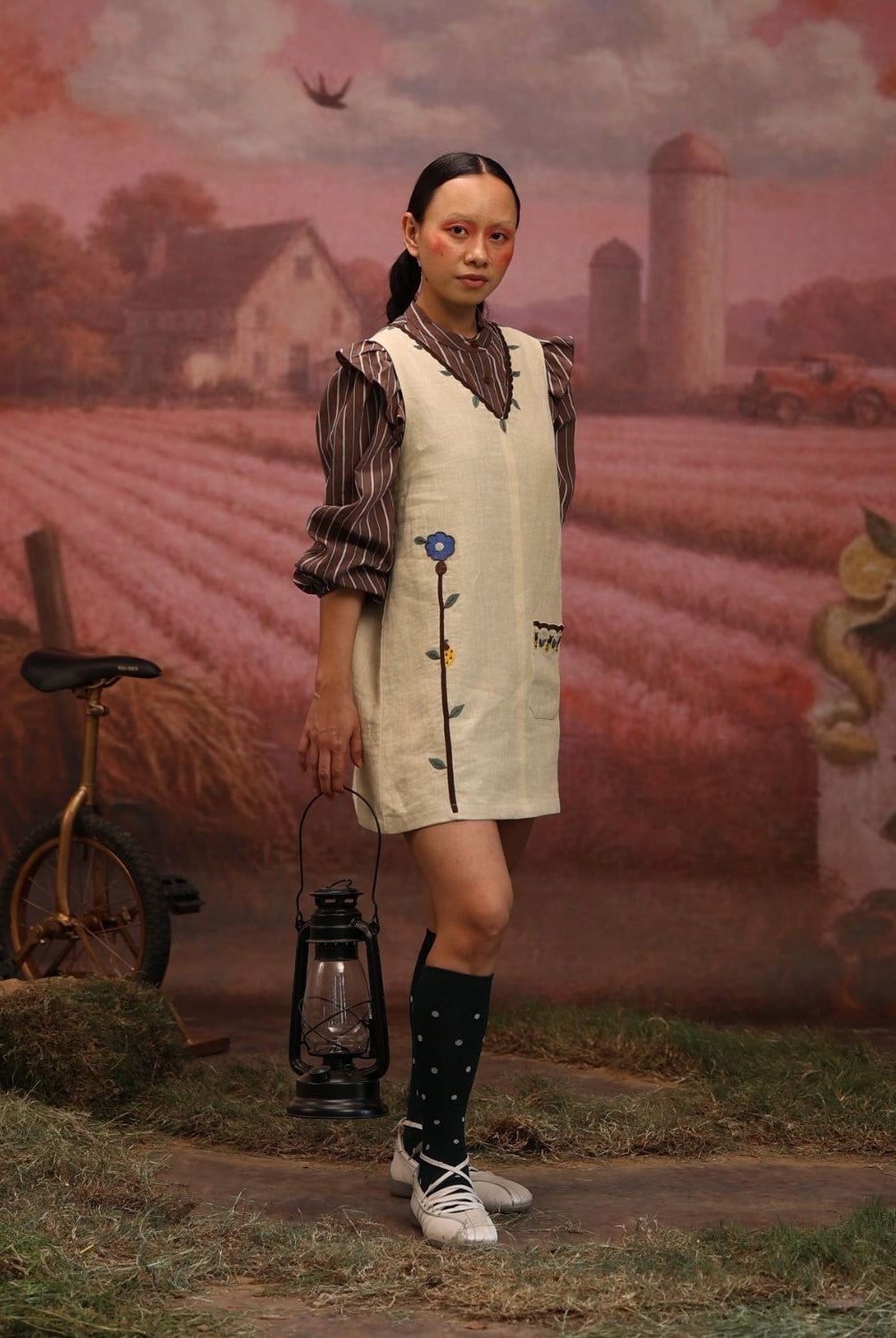 Winglore - Beige Linen Hand Embroidered Standing Tall Short Dress - CiceroniDressesWinglore
