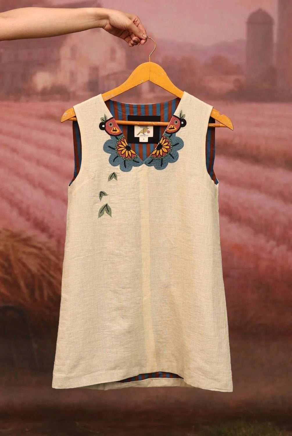 Winglore - Beige Linen Hand Embroidered Summer Monkeys Short Dress - CiceroniDressesWinglore