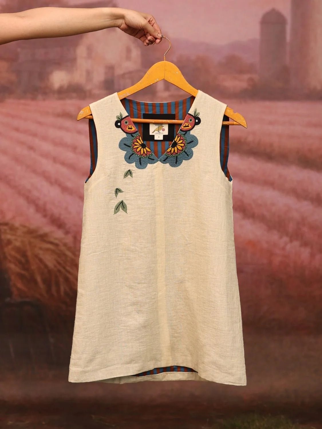 Winglore - Beige Linen Hand Embroidered Summer Monkeys Short Dress - CiceroniDressesWinglore