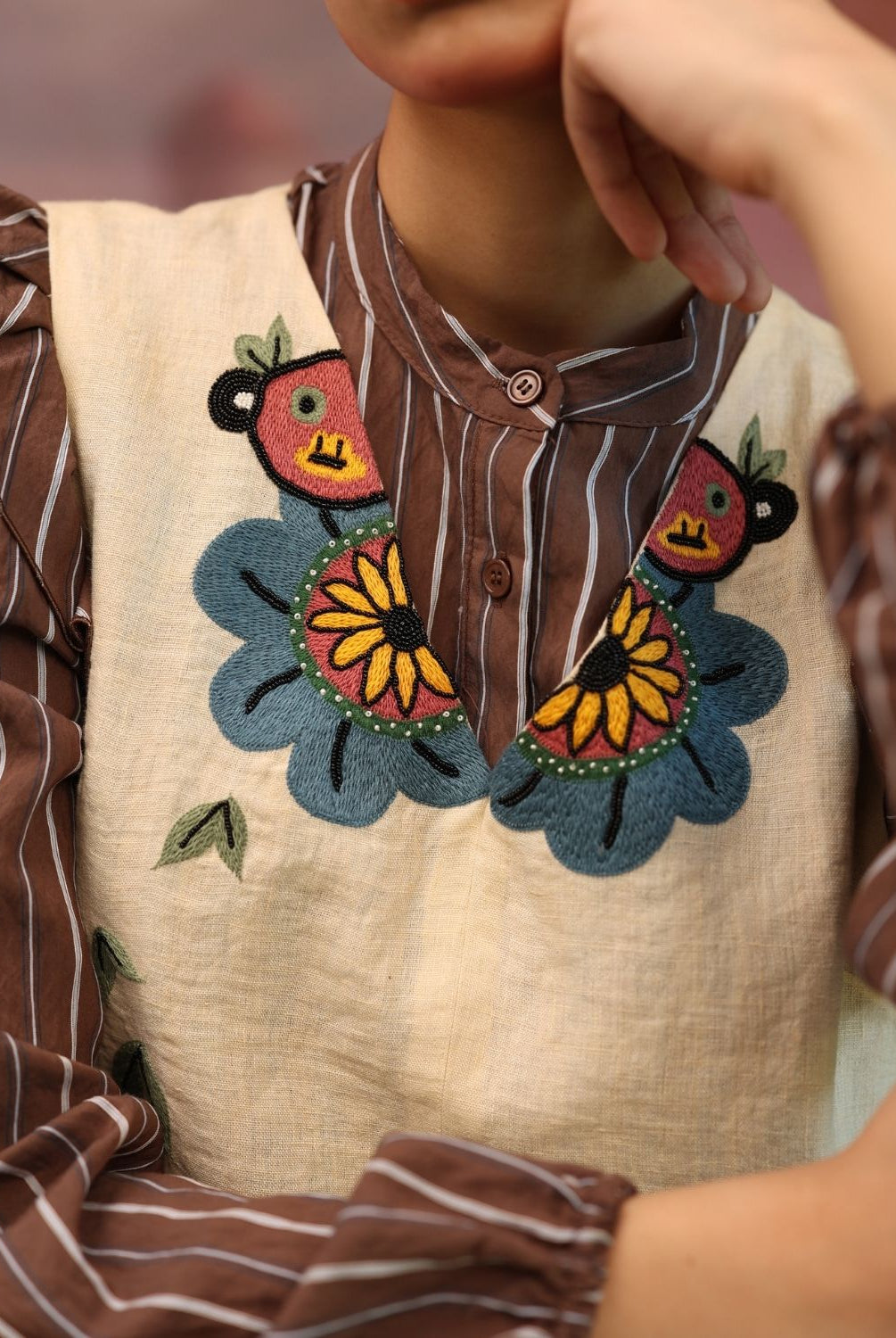 Winglore - Beige Linen Hand Embroidered Summer Monkeys Short Dress - CiceroniDressesWinglore