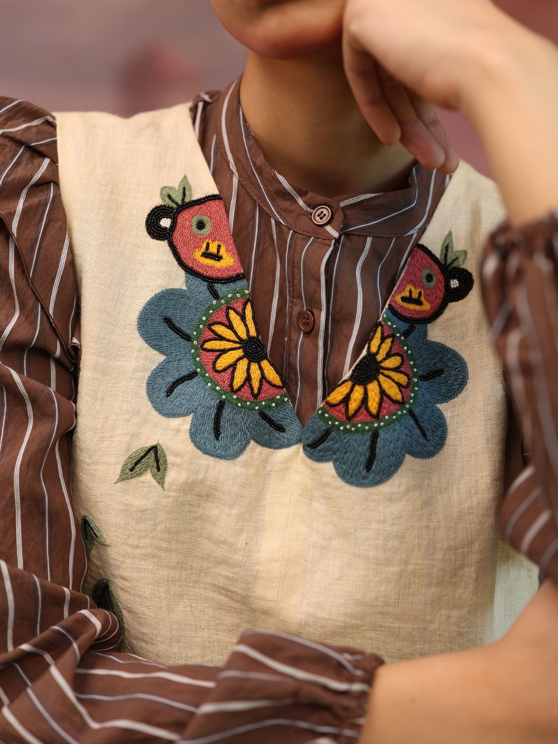 Winglore - Beige Linen Hand Embroidered Summer Monkeys Short Dress - CiceroniDressesWinglore