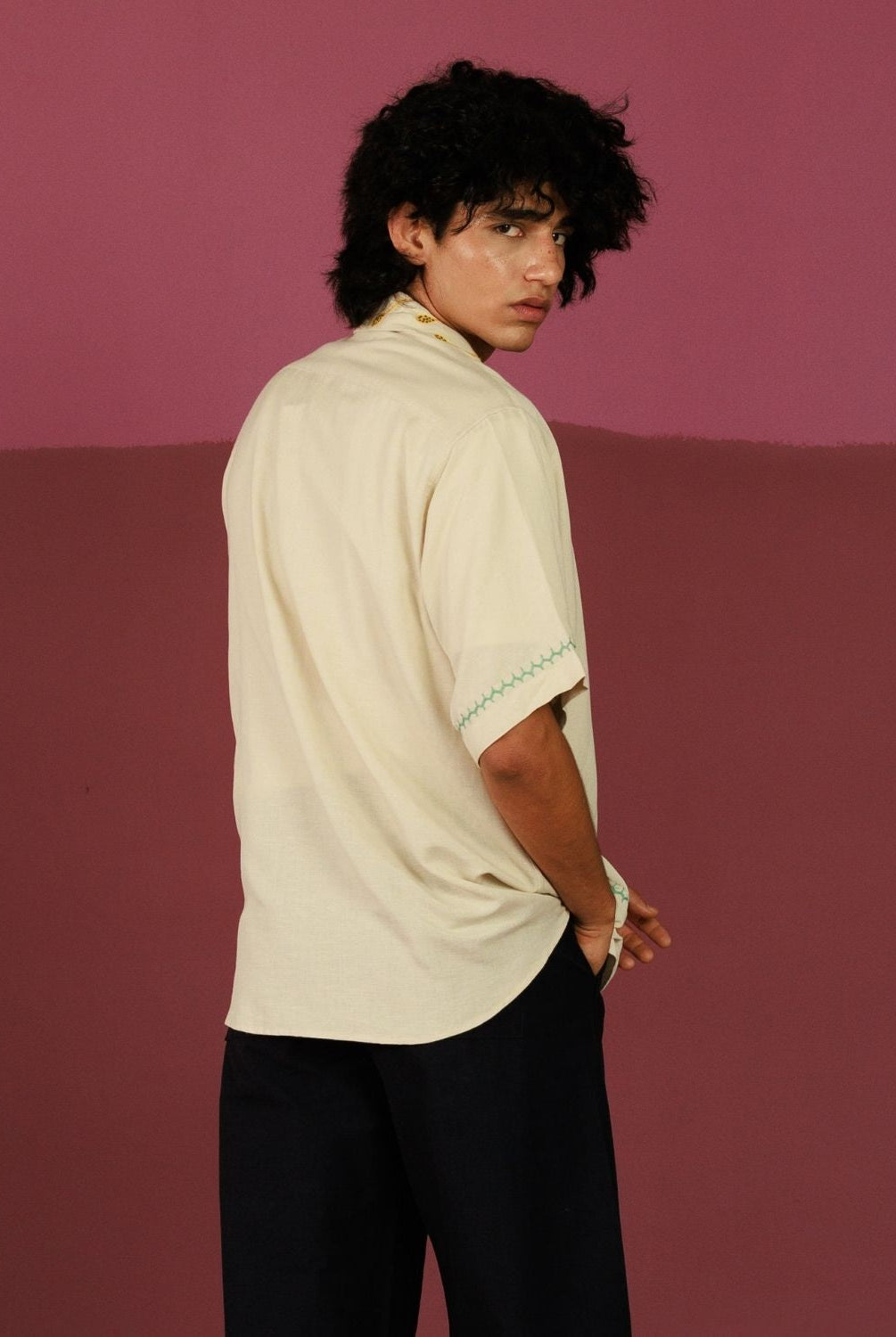 Winglore - Beige Pocket Patch Hand Embroiderd Pure Linen Oversized Shirt - CiceroniUnisex ShirtsWinglore